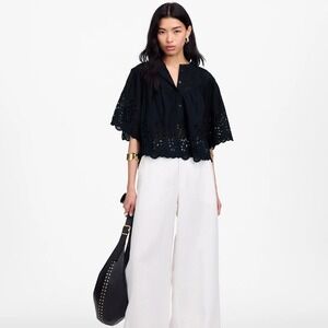 Madewell Women's Embroidered Black‎ Shirred Henley